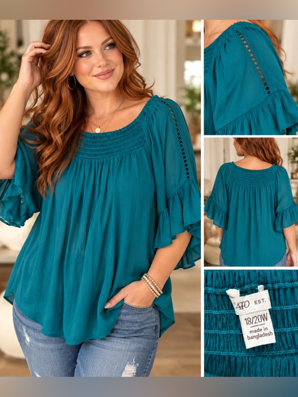 Cato Gorgeous Teal Boho Ruffle Sleeve Blouse – Size 18/20W